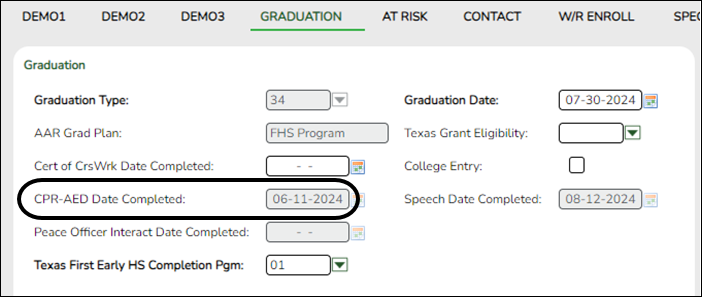 Registration Graduation page with updated field CPR Date Completed to CPR-AED Date Completed