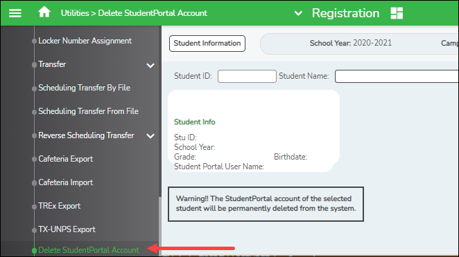 new Delete StudentPortal Account sub-menu