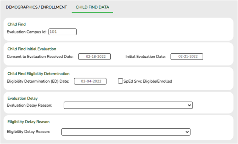 Child Find SPPI11 Child Find Data tab