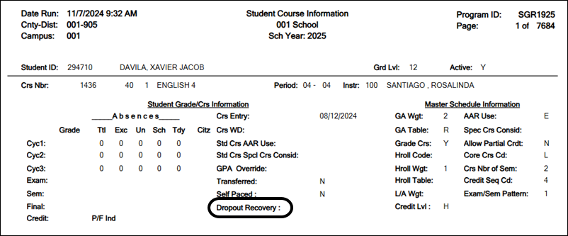 Student course information report with new field circled.