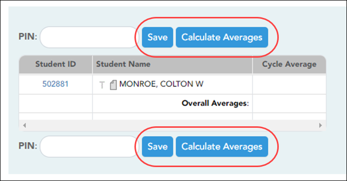 Screen shot of added fields for Pin, Save and Calculate Averages