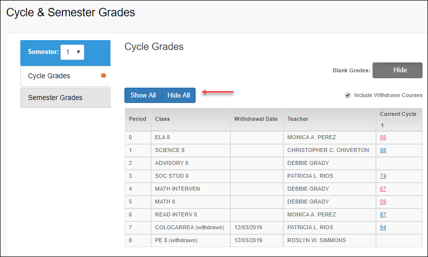 Cycle Grades page with Show All/Hide All button highlighted