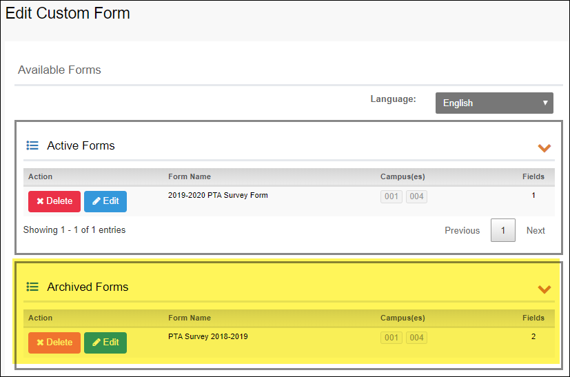 Edit Custom Form page
