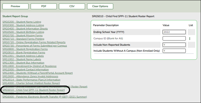 Registration Student Report Group with SRG5010 – Child Find SPPI-11 Student Roster Report added