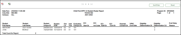 Preview of SRG5020 – Child Find SPPI-12 Student Roster Report