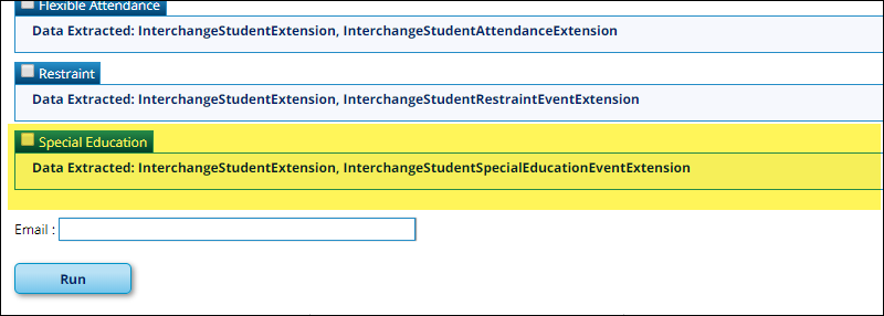 snippet of summer extract page showing option to extract Special Education