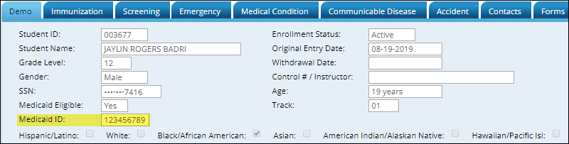 Student Health - Demo tab with new field highlighted