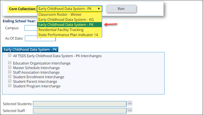 TSDS Core Collections Interchanges page with ECDS - PK option selected