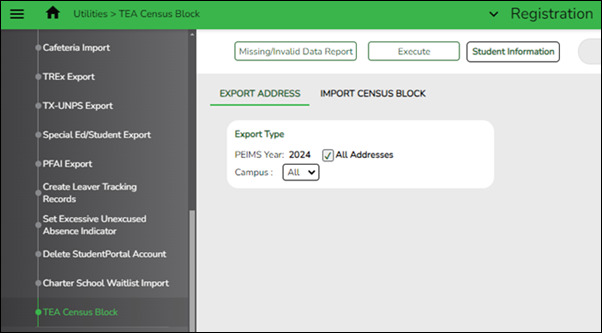 New Registration Utilities TEA Census Block screen moved from State Reporting application