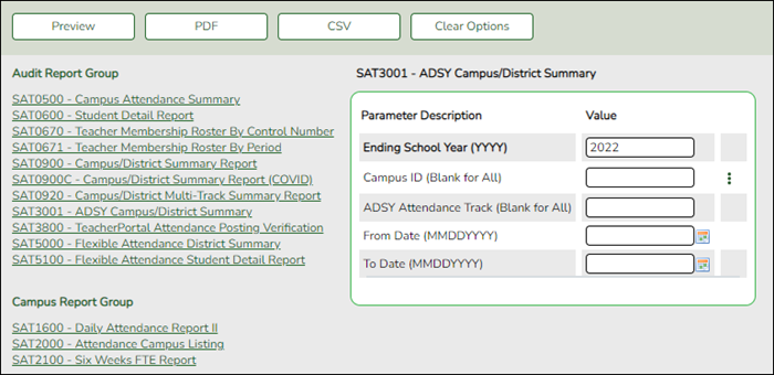 SAT3001 ADSY Campus/District Summary screen