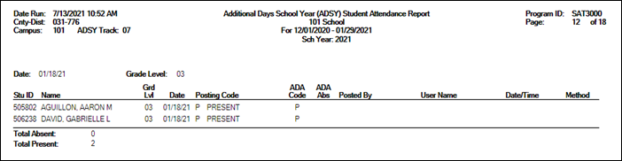 SAT3000 ADSY Student Attendance Report