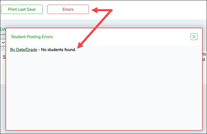 Errors button and Student Posting Errors pop-up window