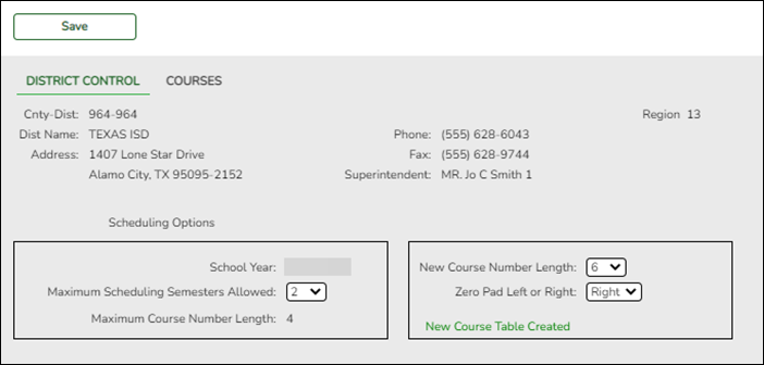 District Control tab with fields to pick a course number