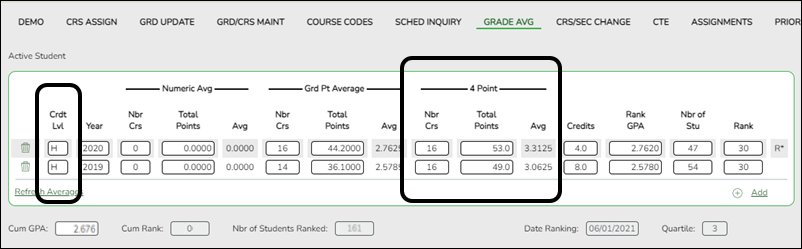 Grade Average tab showing the 4 Point Average calculation