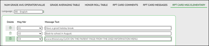 Rpt Card Msg Elementary tab