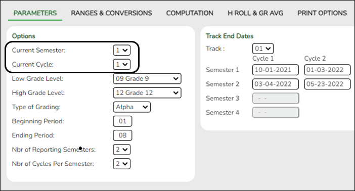 Parameters tab with Semester and Cycle reset