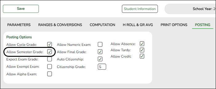 Posting tab with Allow Semester Grade highlighted