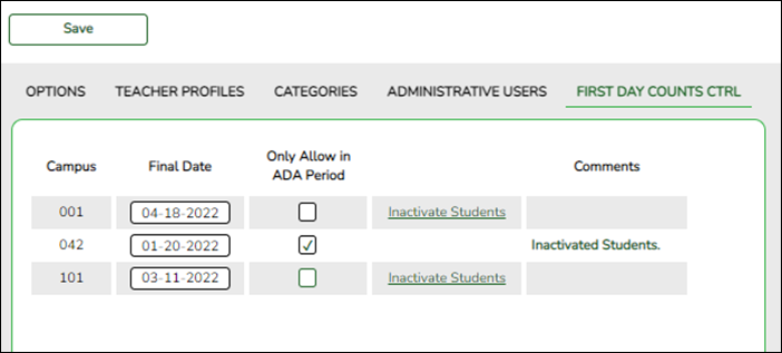 First Day Counts Control with one campus activated