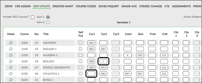 Grd Update tab with blank and I grades highlighted