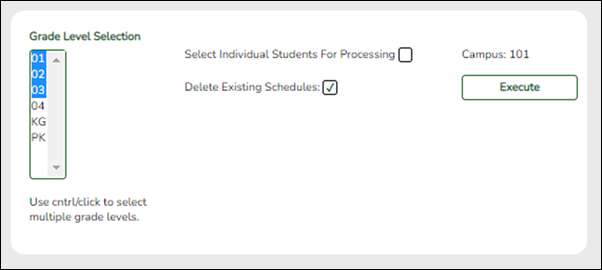 Grade Reporting > Utilities > Elem Scheduling > Delete/Rebuild Student Schedules From Table utility with Delete Existing Schedules selected