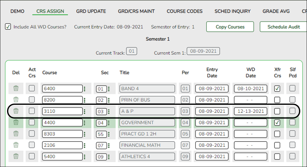 Grade Reporting Student Crs Assign tab