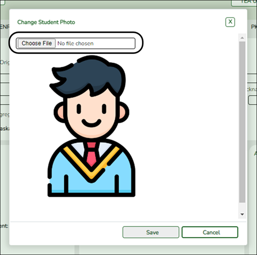 Change Student Photo window with Choose File button circled
