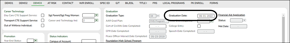 snippet of Demo3 tab with Graduation Date field highlighted