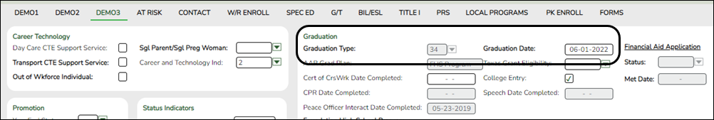 Demo3 tab with Graduation Date and Type fields highlighted