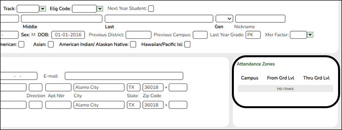 New Student Enrollment page with Attendance Zones section highlighted