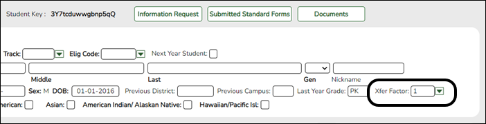 New Student Enrollment page with Xfer Factor field highlighted