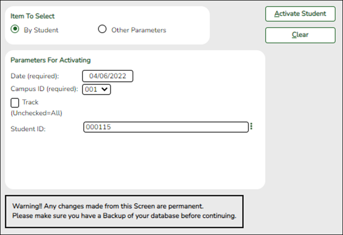 Activate Students utility with no options specified