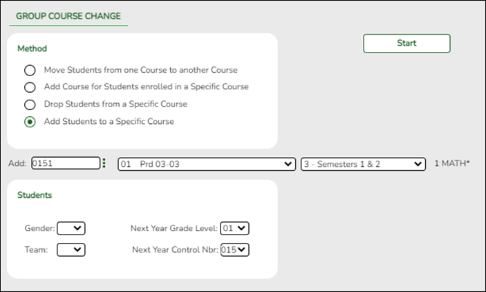 Group Course Change page showing adding a course