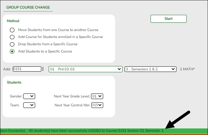 Group Course Change complete message