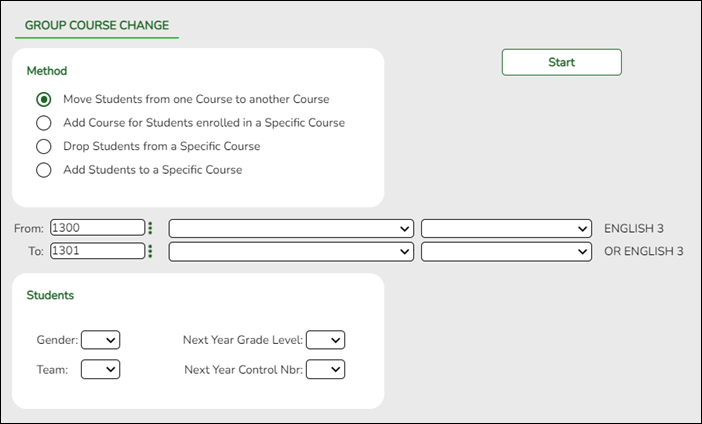 Scheduling Group Course Change page