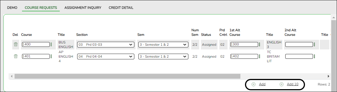 Scheduling Student Course Requests tab with +Add button circled