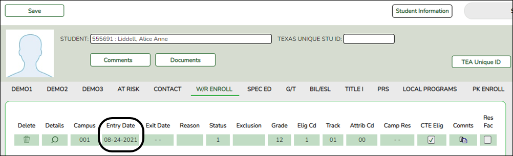 Enrollment record on WR Enroll tab with Entry Date highlighted