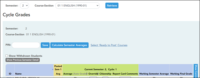 TeacherPortal Cycle Grades page snippet