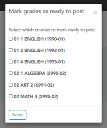 Pop-up window showing classes to select for posting