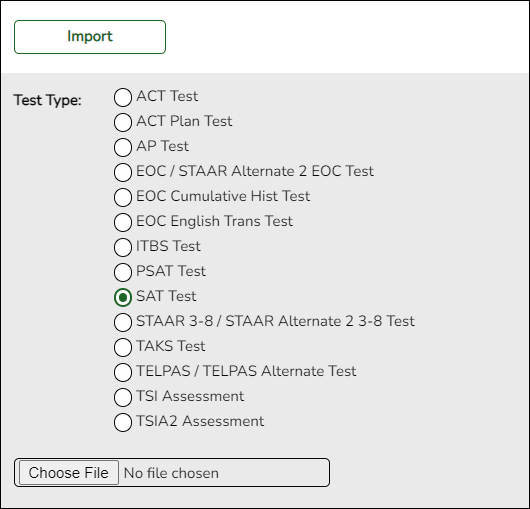 Import Test Scores screen.