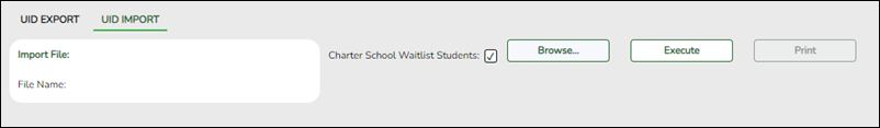 Screen shot of the UID Import screen with new Charter School Waitlist feature