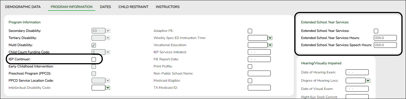 Special Ed Program Information tab