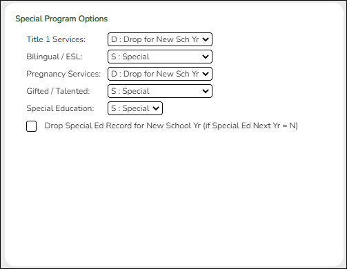 Special Program Options setion