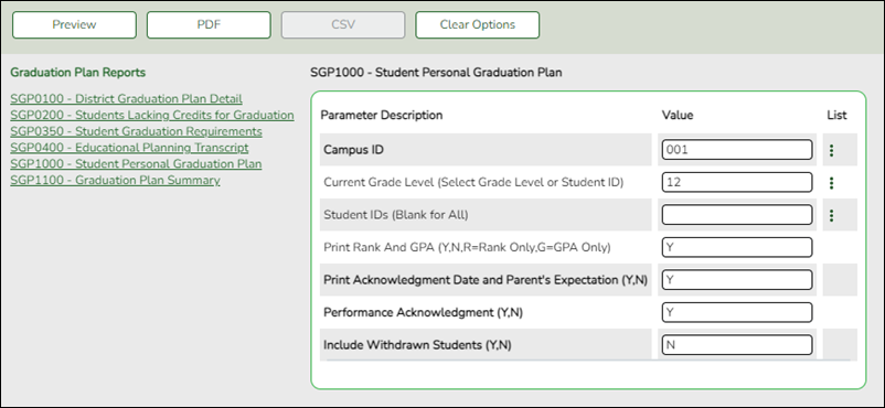 SGP1000 - Student Personal Graduation Plan parameters