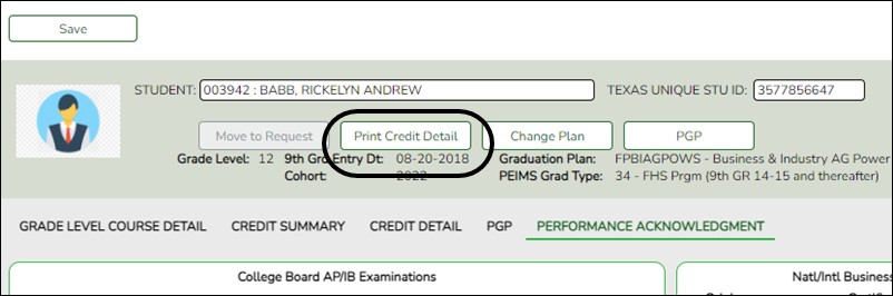Snippet of Individual Maintenance page with View Credit Detail button highlighted