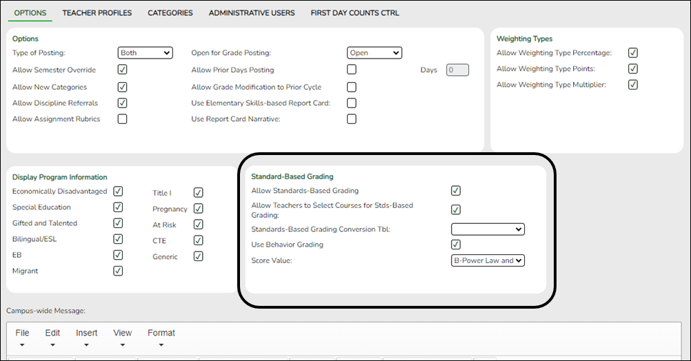 TeacherPortal Options Campus Options tab