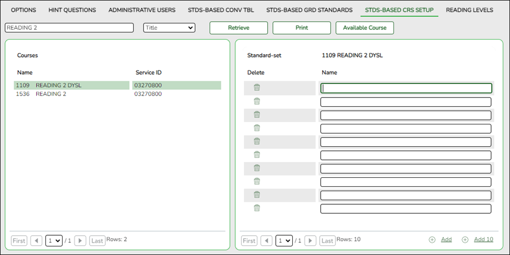 Standards Based Course Setup tab