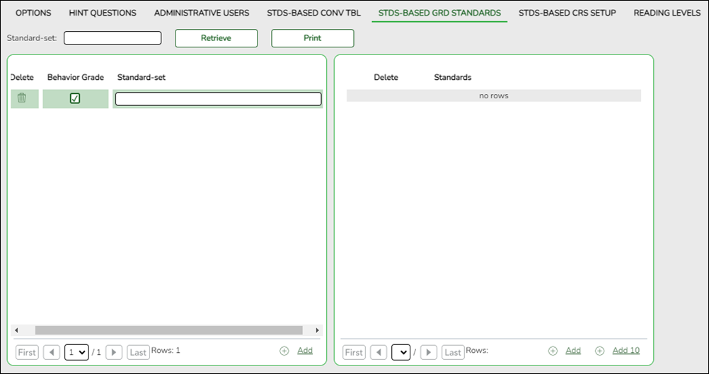 Standards Based Grade Standards tab