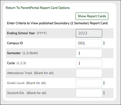 Grade Reporting Utilities View Published Report Card Options
