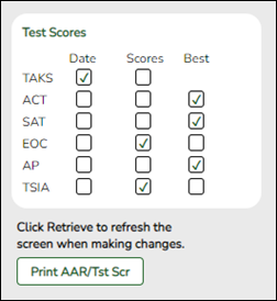 snippet of Cumulative Courses tab showing **Test Scores** fields
