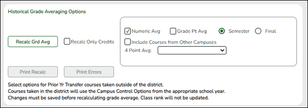 Historical Grade Averaging Options section on the Cumulative Courses tab
